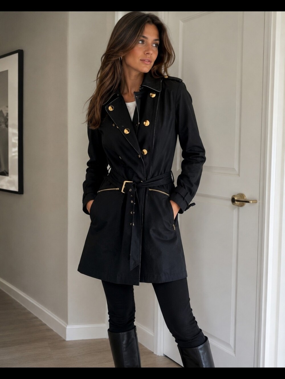 Guess Black MORE LIKE RAIN COAT Double-Breasted Trench with Gold-Tone Buttons